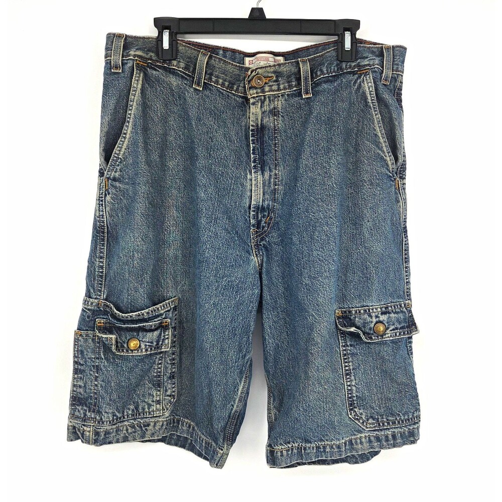 Vintage y2k Levi Strauss Mens Blue Denim Cargo Shorts Cotton Waist 36 Mud Wash